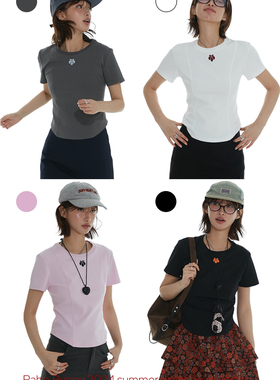 PABO笨狗版型超绝正肩收腰撞色花朵刺绣四色短袖T恤修身显瘦T恤