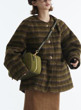 PABO笨狗圣诞来信复古棕绿格纹茧型夹棉毛呢外套秋冬新品呢大衣女