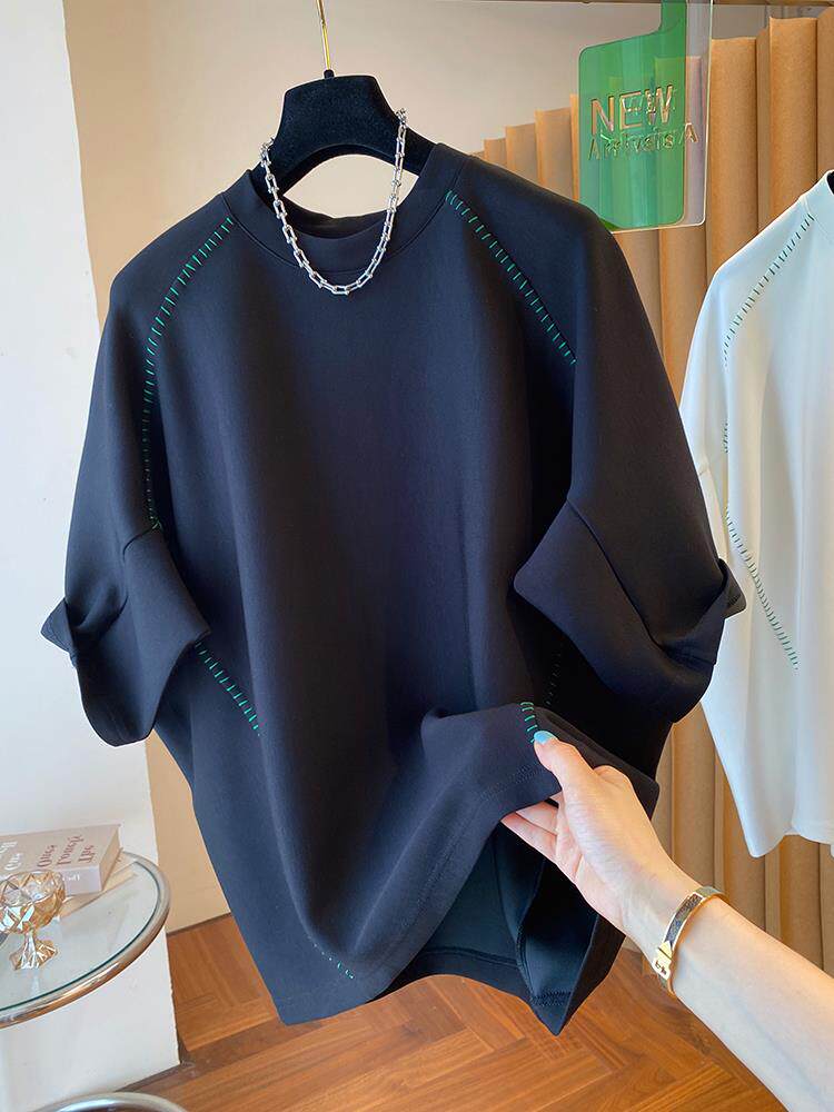 EUROPE STATION LIGHT LUXURY LOOSE CASUAL STRUCTURED SILHOUETTE TOPSTITCHED T-SHIRT WOMENS SHORT SLEEVE LARGE VERSION OF THE BAT-SHAPED TOP SUMMER TIDE