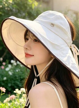 空顶防晒帽女夏季户外遮阳帽可扎马尾披肩渔夫帽大帽檐太阳帽护颈