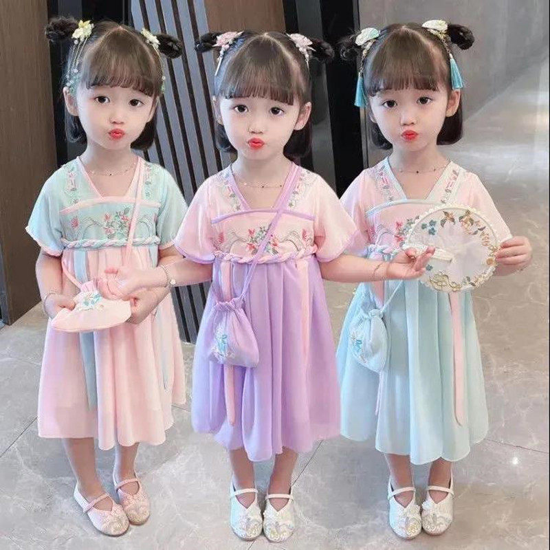 女童汉服2024夏季新款中大童襦裙雪纺连衣裙透气薄款长裙短袖中国