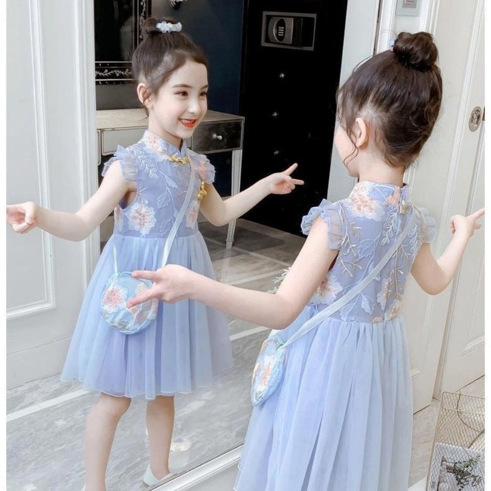 女童连衣裙旗袍裙夏装2023新款童装女孩公主裙中大童背心裙网纱裙