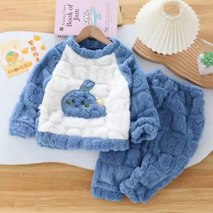 跨境女童冬天法兰绒套装儿童保暖珊瑚绒睡衣女日系卡通家居服批发