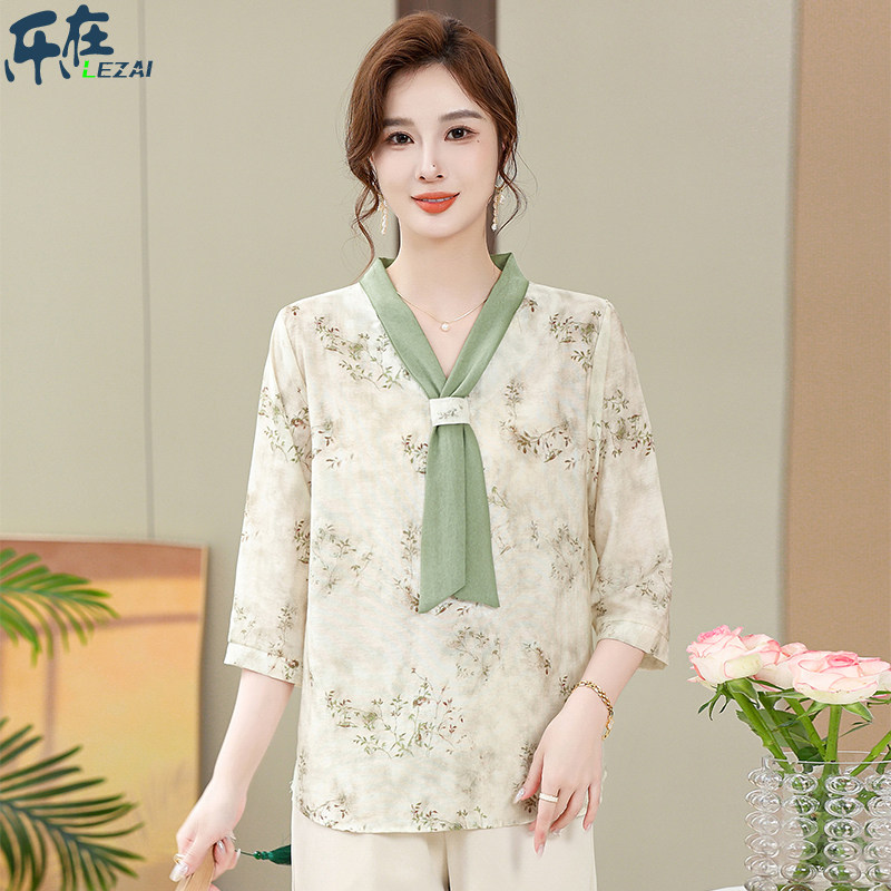 中老年女士雪纺小衫夏季中袖洋气T恤妈妈装遮肚衬衫时尚宽松上衣