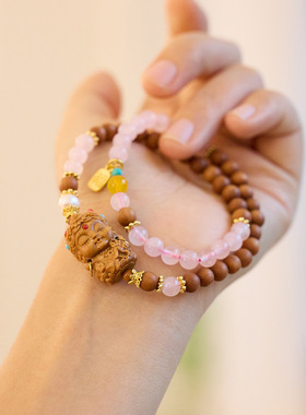 天然芭比檀木粉晶手串女轻奢高级