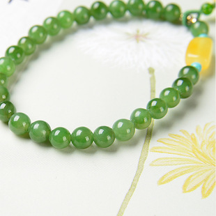 和田碧玉手链女款6mm单圈菠菜绿蜜蜡DIY小清新气质礼物简约大气