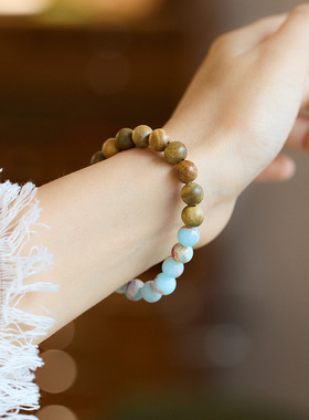 国风寿山石手链女时尚单圈绿檀手