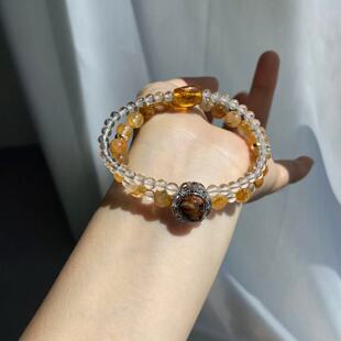 【彼得花珀】天然水晶手串黄胶花女新中式白水晶手饰手链