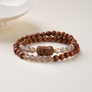 天然6MM烟紫玛瑙手链串珠女扎基拉姆奶香芭比檀木双圈手串