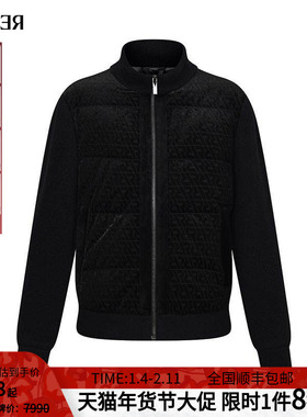 RARE威雅男装 冬季新款保暖外套黑色丝绒针织拼接男士立领羽绒服