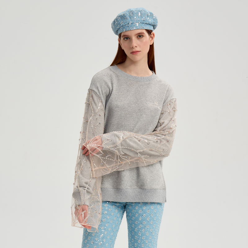 【秀款】RARE威雅女装2025秋季新款袖子叠加珠片网纱宽松灰色卫衣