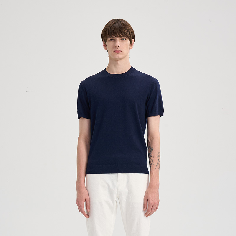 RARE威雅男装 2025秋冬新款绵羊毛针织衫圆领T恤藏青色短袖毛衫男