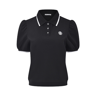 RARE威雅女装夏季新款 泡泡袖翻领黑色短袖T恤女RR22450538