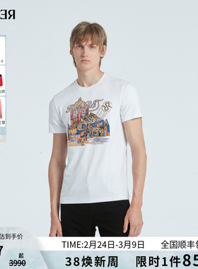 RARE威雅男装 秋冬新款前胸飞狮白色修身休闲圆领男士短袖T恤