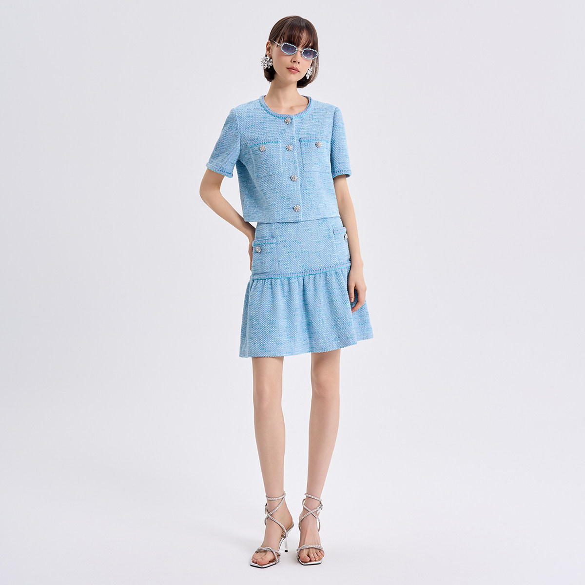 RARE威雅女装2026夏季新款蓝色粗花呢短袖夹克短裙时尚通勤套