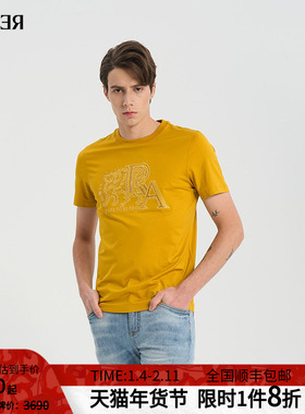RARE威雅男装夏季新款飞狮RA组合工艺款短袖 黄色男士圆领T恤