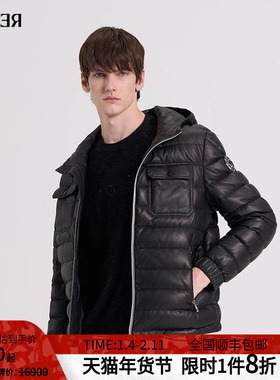 RARE威雅男装冬季新款黑色皮衣连帽外套男士羊皮革【鹅绒】羽绒服