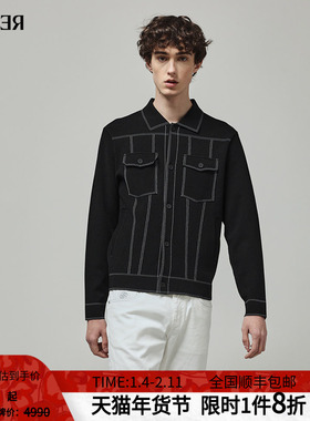 RARE威雅男装 黑色毛衣针织衫春秋款男士毛开衫翻领工装型外套