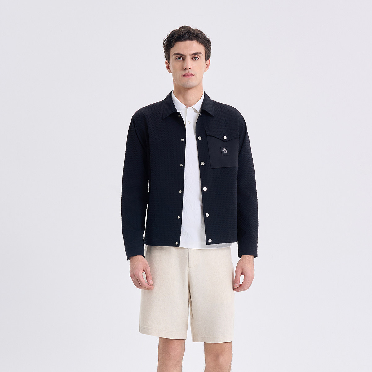 RARE威雅男装2026夏季新款轻薄外套男提花肌理泡泡纱时尚翻领夹克