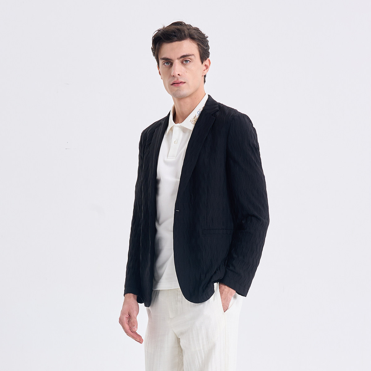 RARE威雅男装2026夏季新款几何提花黑色休闲单西直筒卫裤西服套装