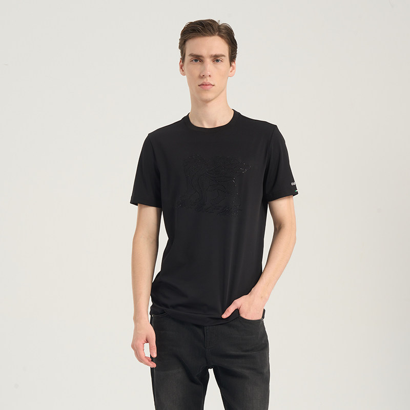RARE威雅男装 夏季新款黑色圆领T恤飞狮立体压印男士透气短袖