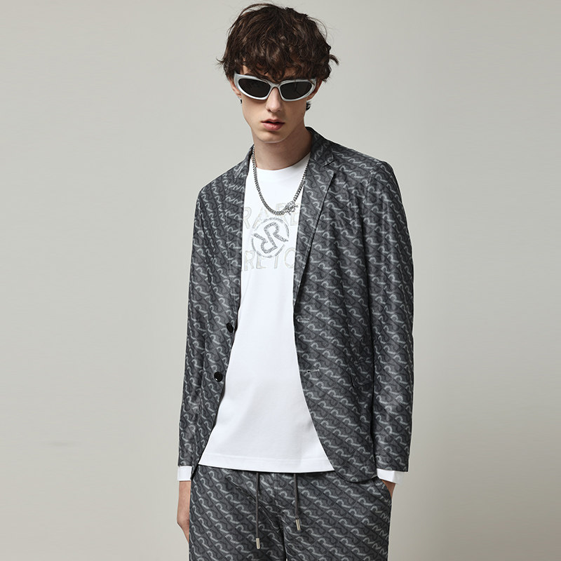 RARE威雅男装 春夏新款西服外套修身版灰色双R满印轻薄休闲单西
