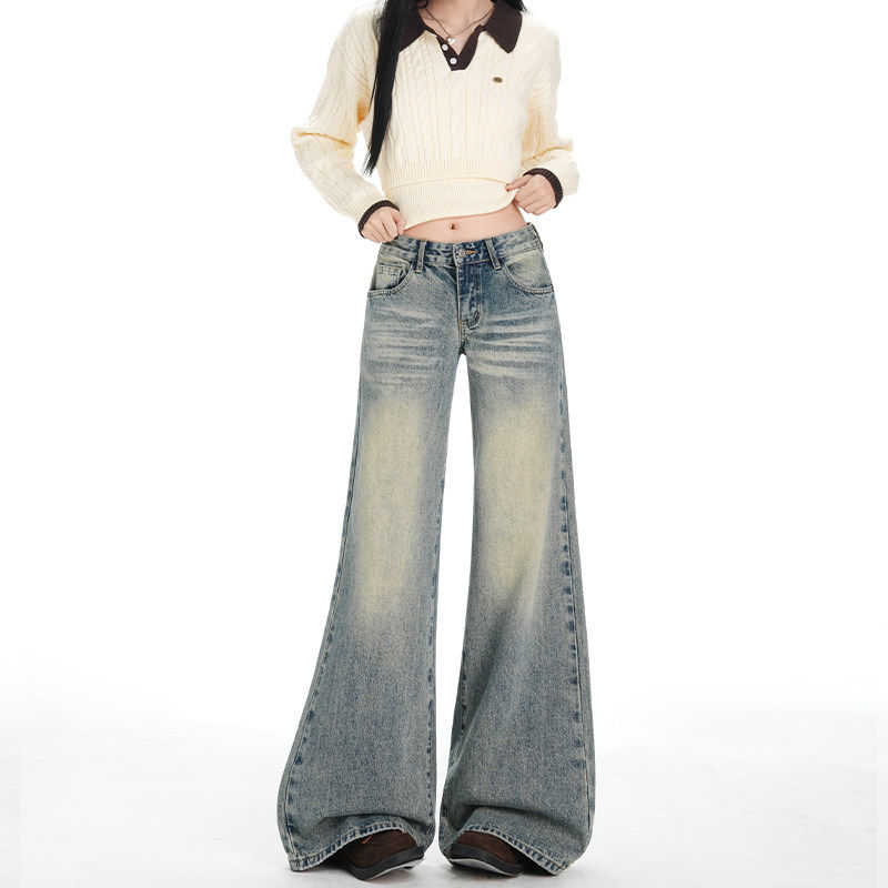 美式复古做旧低腰阔腿牛仔裤女春季宽松bf慵懒风小个子百搭直筒裤