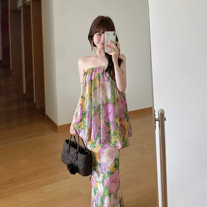 法式花朵印花一字领洋装度假沙滩海边拍照覆古假两件抹胸长裙