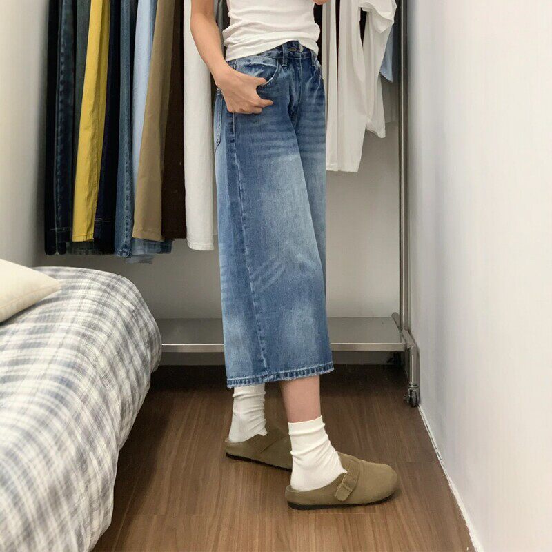 美式复古阔腿牛仔裤女夏大码胖mm高腰宽松遮胯显瘦梨形身材七分裤