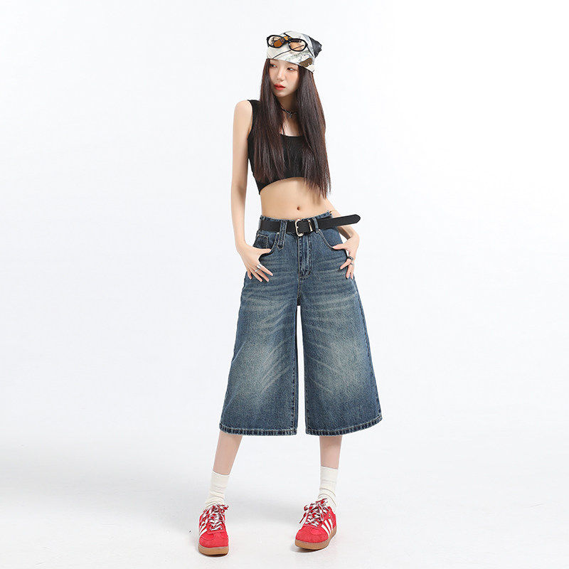 美式覆古七分牛仔短裤女2025夏季新款高街设计感宽松马裤阔腿五分