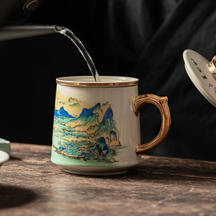 陶瓷描金茶水分离泡茶杯大容量带把办公室喝水杯个人专用带盖过滤