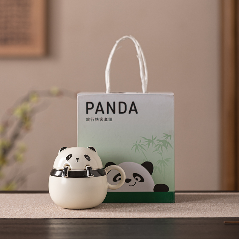 熊猫马克杯带盖过滤泡茶杯列定制