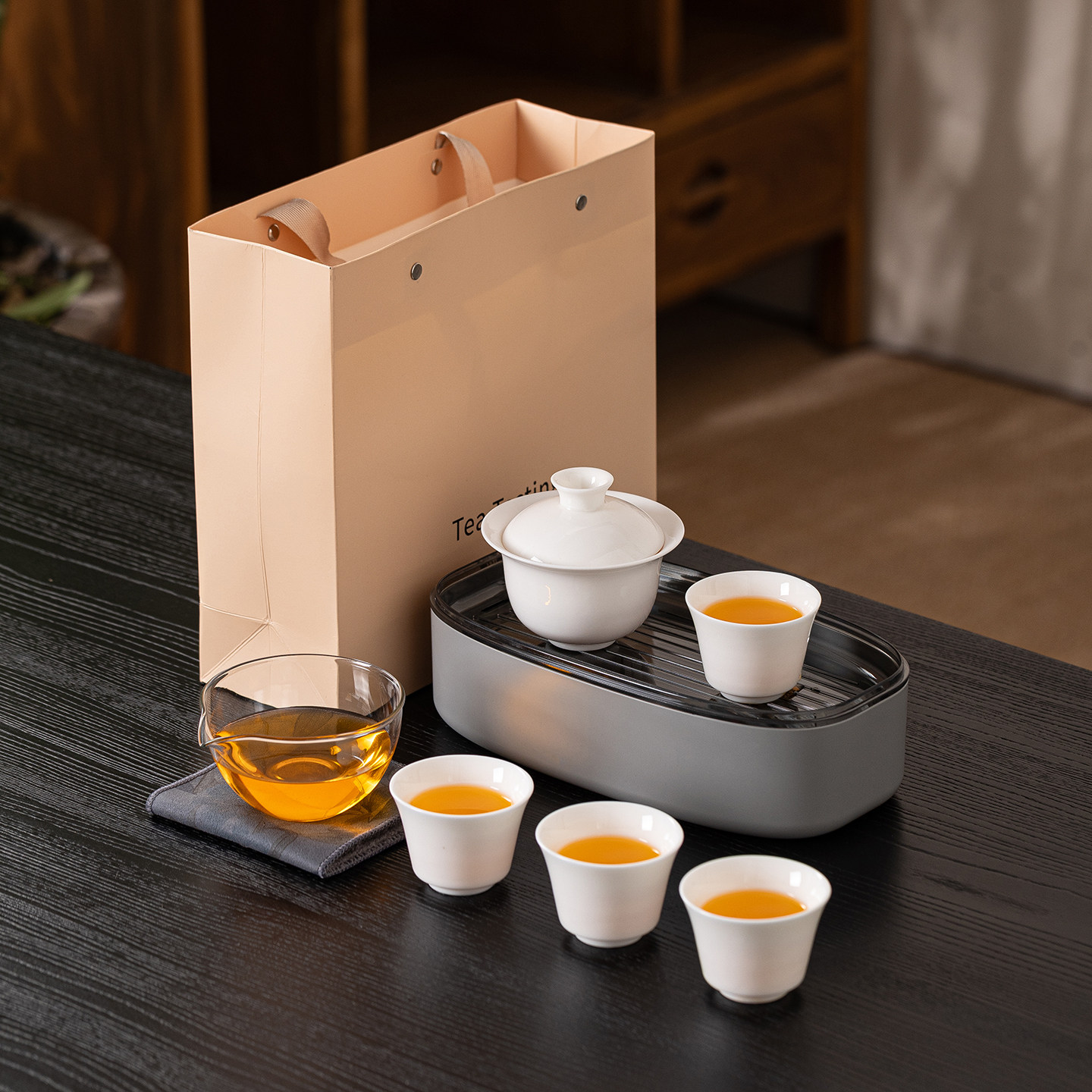 羊脂玉白瓷便携式旅行茶具套装户外露营快客杯泡茶盖碗伴手礼定制