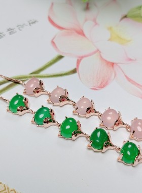 天然冰粉玉髓玫瑰金镶嵌小狐狸手链手串情帝王绿玛瑙时尚玉器饰品