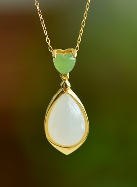 S925银和田玉羊脂白玉水滴玉石吊坠挂件时尚气质锁骨玉坠项链