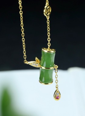 S925银和田玉碧玉节节高升竹节玉石吊坠挂件时尚女款玉坠项链