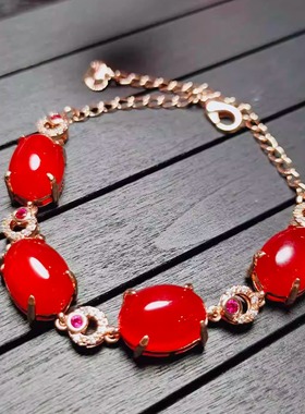 天然冰彩玉髓镶嵌红色手链女士款时尚简约百搭玛瑙手链手串手饰品