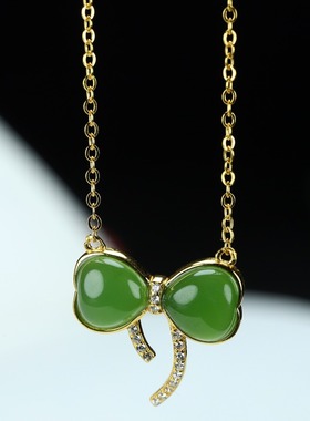 S925银和田玉碧玉菠菜绿蝴蝶结玉石吊坠锁骨项链时尚女款玉坠