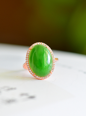 s925银镶嵌新疆和田玉碧玉蛋形菠菜绿女戒指指环戒圈简约百搭