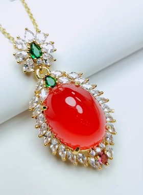 天然冰彩玉髓豪华镶嵌红色水滴形锁骨吊坠挂件时尚女玉坠玛瑙项链