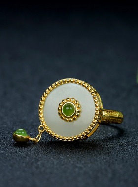 s925银新疆和田玉白玉平安扣转转戒指女款流苏简约时尚女指环