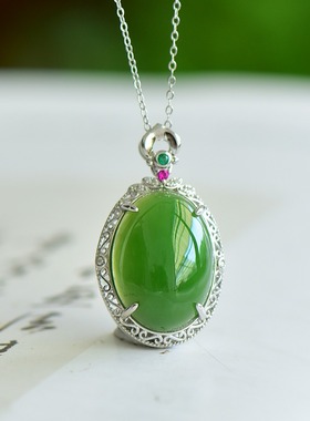S925银和田玉碧玉蛋形菠菜绿玉石吊坠挂件时尚气质女玉坠项链