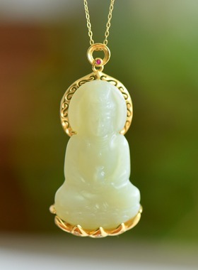 S925古法银镶和田玉且末蓝观音牌玉石吊坠玉坠项链男女款挂件