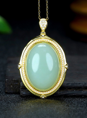 S925银和田玉碧玉冰底鸭蛋青玉石吊坠挂件时尚气质女玉坠项链