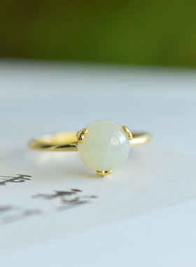 s925银镶嵌新疆和田玉白玉圆珠戒指简约时尚女款指环戒圈饰品