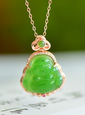 S925银和田玉碧玉弥勒笑佛佛公玉吊坠挂件时尚男女款玉坠项链