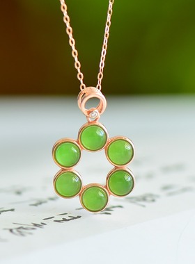 S925银新疆和田玉碧玉绿色圆面玉石吊坠挂件时尚简约玉坠项链