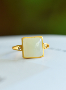s925银镶嵌新疆和田玉白玉小方糖形戒指简约时尚指环玉戒饰品