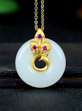 S925银和田玉羊脂白平安扣玉石吊坠挂件时尚气质女款玉坠项链