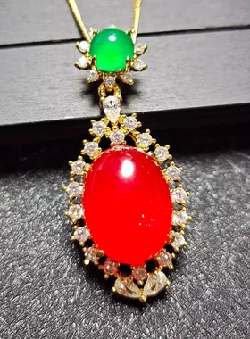 天然冰彩玛瑙玉髓镶嵌红色大吊坠锁骨项链挂件时尚女士款玉坠项链